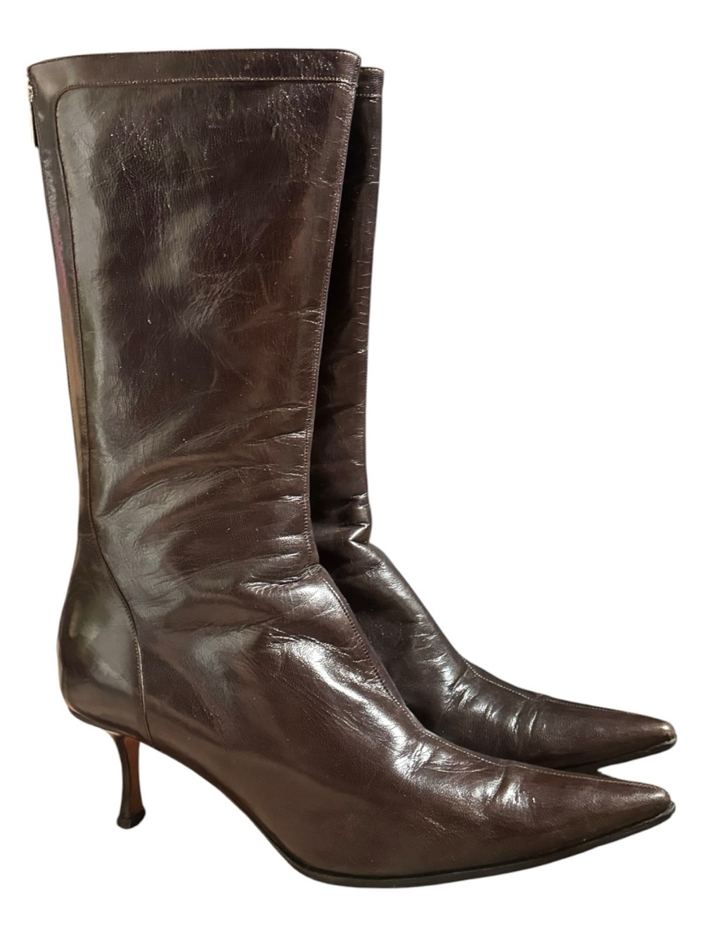 Jimmy Choo Kitten Heel Pointed Toe Knee High Boots Brown Leather